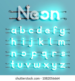 Realistic neon font with wires and console, vector illustration