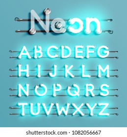 Realistic neon font with wires and console, vector illustration