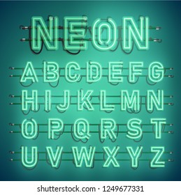 Realistic neon font with wires and console, vector illustration