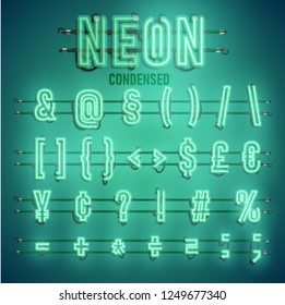 Realistic neon font with wires and console, vector illustration