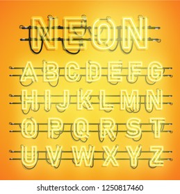 Realistic neon font with wires and console, vector illustration