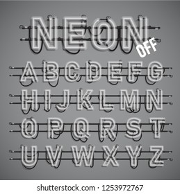 Realistic neon font with wires and console, vector illustration