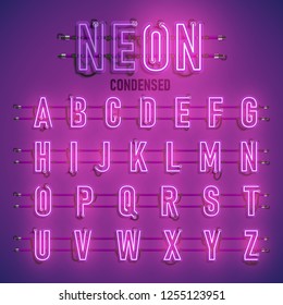 Realistic neon font with wires and console, vector illustration