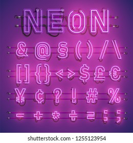 Realistic neon font with wires and console, vector illustration