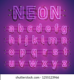 Realistic neon font with wires and console, vector illustration
