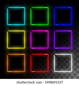 Realistic neon frame isolated on transparent background. Different color lamp set. Glowing border square shape collection. Design template element. Vector illustration