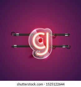 Realistic neon G character with plastic case around, vector illustration