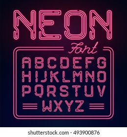 Realistic Neon glow alphabet. Vector Neon typeset on dark background.  Glowing font for your design.