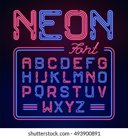 Realistic Neon glow alphabet. Vector Neon typeset on dark background.  Glowing font for your design.