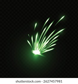 Realistic neon green fireworks lights. Sparkling firecracker explosion effect. Firecracker lights. For parties, festivals and events. Transparent black background. Isolated icon. Vector illustration.