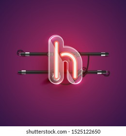 Realistic neon H character with plastic case around, vector illustration