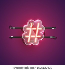 Realistic neon 'hash tag' character with plastic case around, vector illustration