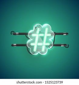 Realistic neon 'hash tag' character with plastic case around, vector illustration