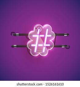 Realistic neon 'hash tag' character with plastic case around, vector illustration