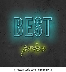 Realistic neon icon Vector illustration Neon inscription Best price in blue and yellow color on a concrete wall background Trendy design and text effect in realistic style