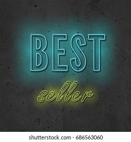Realistic neon icon Vector illustration Neon inscription Best seller in blue and yellow color on a concrete wall background Trendy design and text effect in realistic style