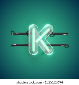 Realistic neon K character with plastic case around, vector illustration