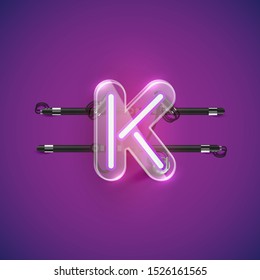 Realistic neon K character with plastic case around, vector illustration