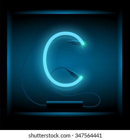 Realistic neon letter C vector illustration. Glowing font. Blue light.
