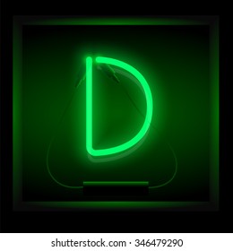 Realistic neon letter D vector illustration. Glowing font. Green light.