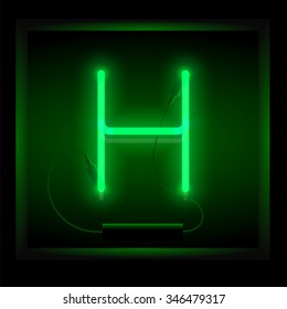 Realistic neon letter H vector illustration. Glowing font. Green light.