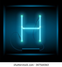Realistic neon letter H vector illustration. Glowing font. Blue light.