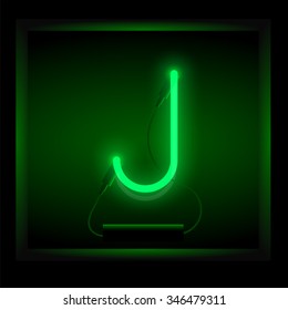 Realistic neon letter J vector illustration. Glowing font. Green light.