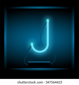 Realistic neon letter J vector illustration. Glowing font. Blue light.