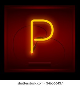 Realistic neon letter P vector illustration. Glowing font. Red light.