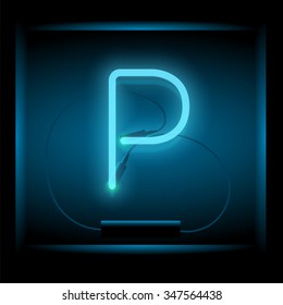 Realistic neon letter P vector illustration. Glowing font. Blue light.