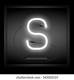 Realistic neon letter S vector illustration. Glowing font.