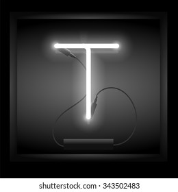 Realistic neon letter T vector illustration. Glowing font.