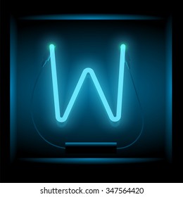 Realistic neon letter W vector illustration. Glowing font. Blue light.