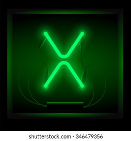 Realistic neon letter X vector illustration. Glowing font. Green light.