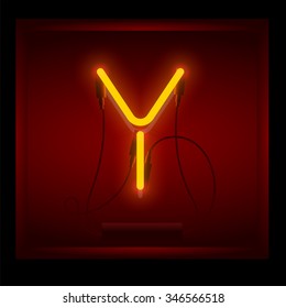 Realistic neon letter Y vector illustration. Glowing font. Red light.