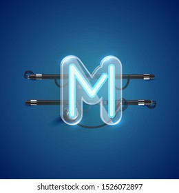 Realistic neon M character with plastic case around, vector illustration