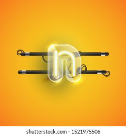 Realistic neon N character with plastic case around, vector illustration