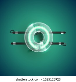 Realistic neon O character with plastic case around, vector illustration