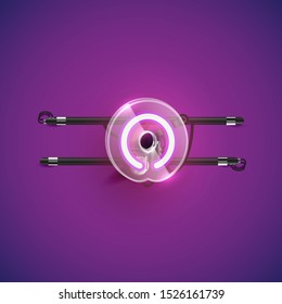 Realistic neon O character with plastic case around, vector illustration