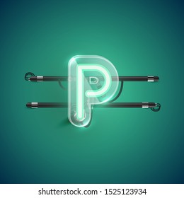 Realistic neon P character with plastic case around, vector illustration