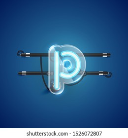 Realistic neon P character with plastic case around, vector illustration