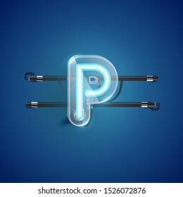 Realistic neon P character with plastic case around, vector illustration