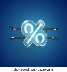Realistic neon 'percent' character with plastic case around, vector illustration
