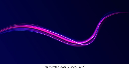 Realistic neon pink, blue line speed with reflections. Neon laser wave swirl. Electric wavy trail. Light effect png. Abstract vector motion twist. Cyber futuristic divider border, purple laser beam.