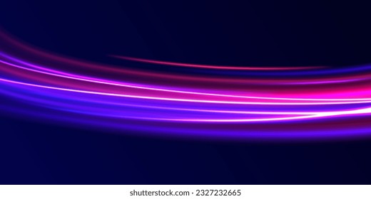 Realistic neon pink, blue line speed with reflections. Neon laser wave swirl. Electric wavy trail. Light effect png. Abstract vector motion twist. Cyber futuristic divider border, purple laser beam.