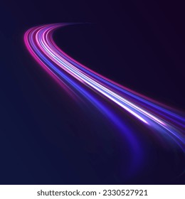 Realistic neon pink, blue line speed with reflections. Neon laser wave swirl. Electric wavy trail. Light effect png. Abstract vector motion twist. Cyber futuristic divider border, purple laser beam.