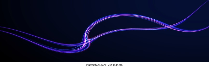 Realistic neon pink, blue line speed with reflections. Neon laser wave swirl. Electric wavy trail. Light effect png. Abstract vector motion twist. Cyber futuristic divider border, purple laser beam.