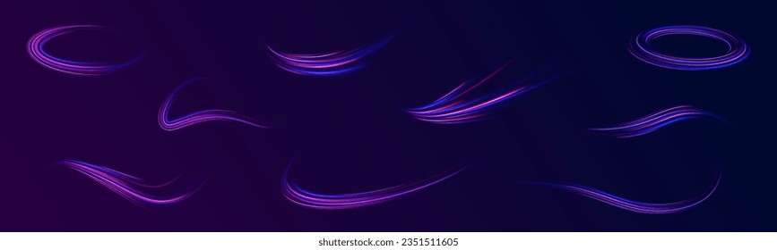 Realistic neon pink, blue line speed with reflections. Neon laser wave swirl. Electric wavy trail. Light effect png. Abstract vector motion twist. Cyber futuristic divider border, purple laser beam.