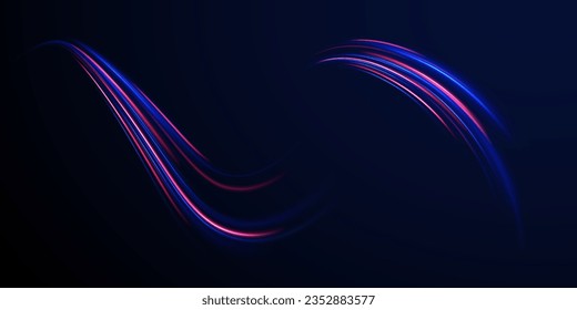 Realistic neon pink, blue line speed with reflections. Neon laser wave swirl. Electric wavy trail. Light effect png. Abstract vector motion twist. Cyber futuristic divider border, purple laser beam.