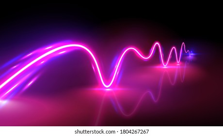 Realistic neon pink and blue wave with reflections, vector illustration